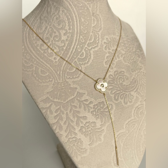 Rachel Zoe Clover Necklace Y Chain Zirconia Mother of Pearl 14k Gold Color - Picture 5 of 7